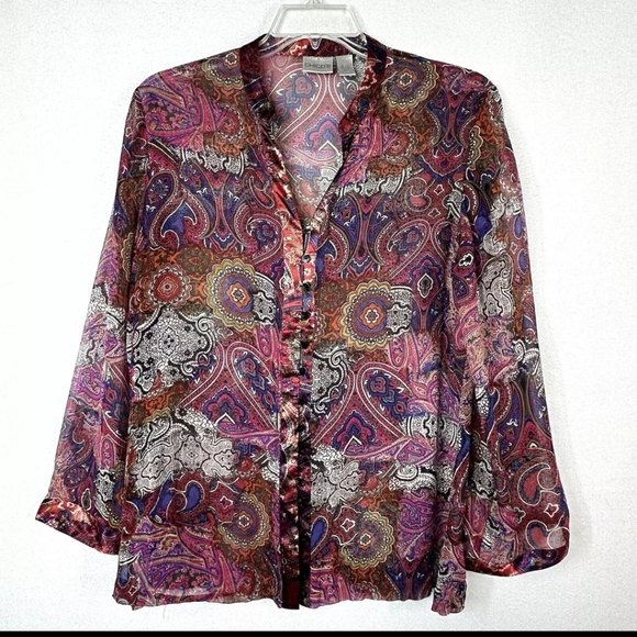 Chicos 100% Silk Paisley Blouse Sz  (S-M) Sheer Button Up Long Flare Sleeve Y2k - Picture 1 of 10